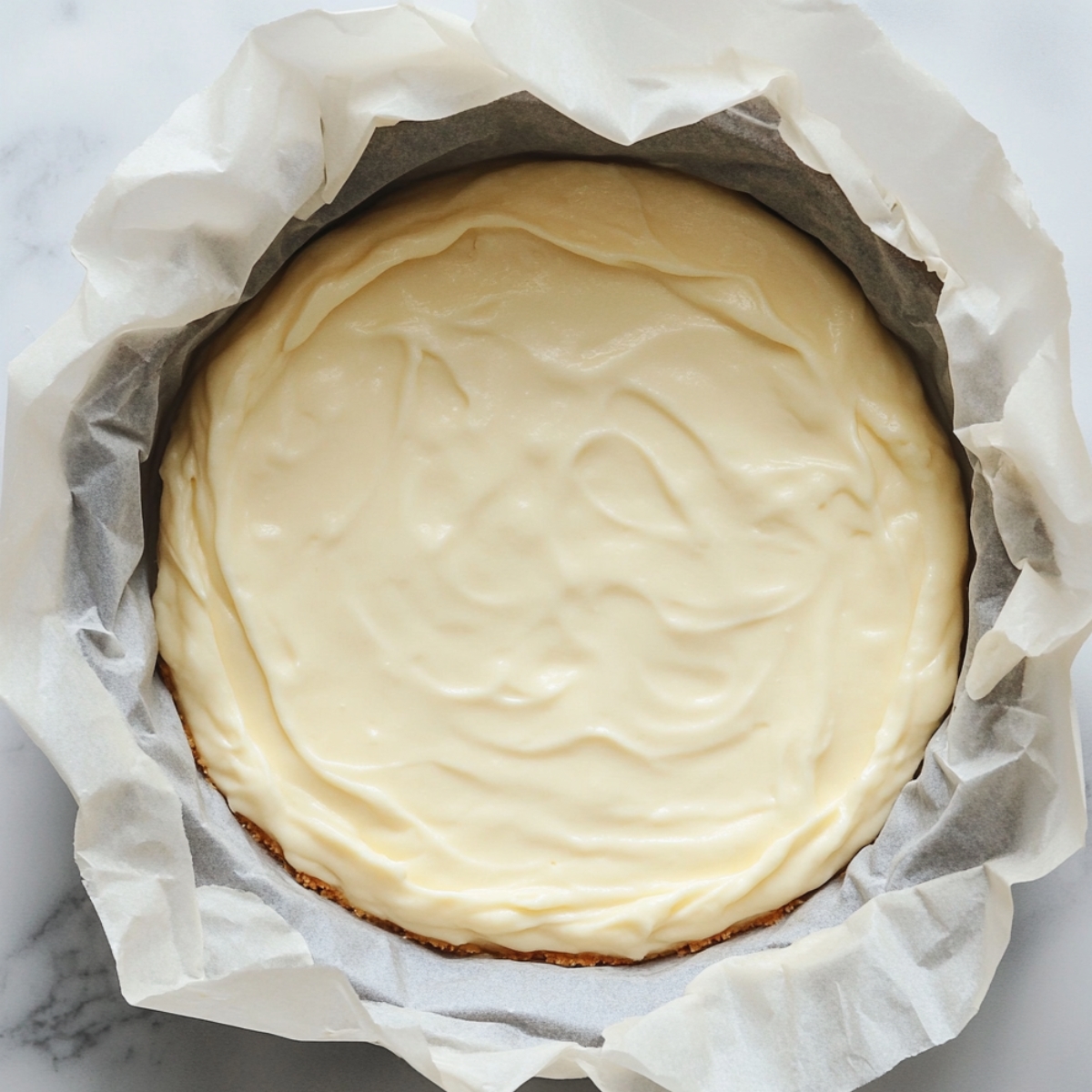 Unbaked Basque Burnt Cheesecake batter in a parchment-lined pan with a smooth, swirled top.