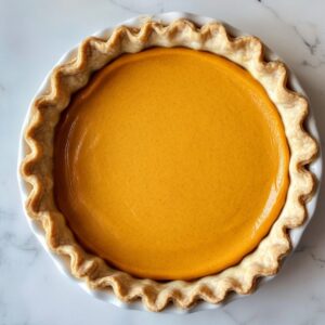 Unbaked pumpkin pie in a white ceramic dish with a fluted golden crust and smooth orange filling, ready for the oven on a marble countertop.