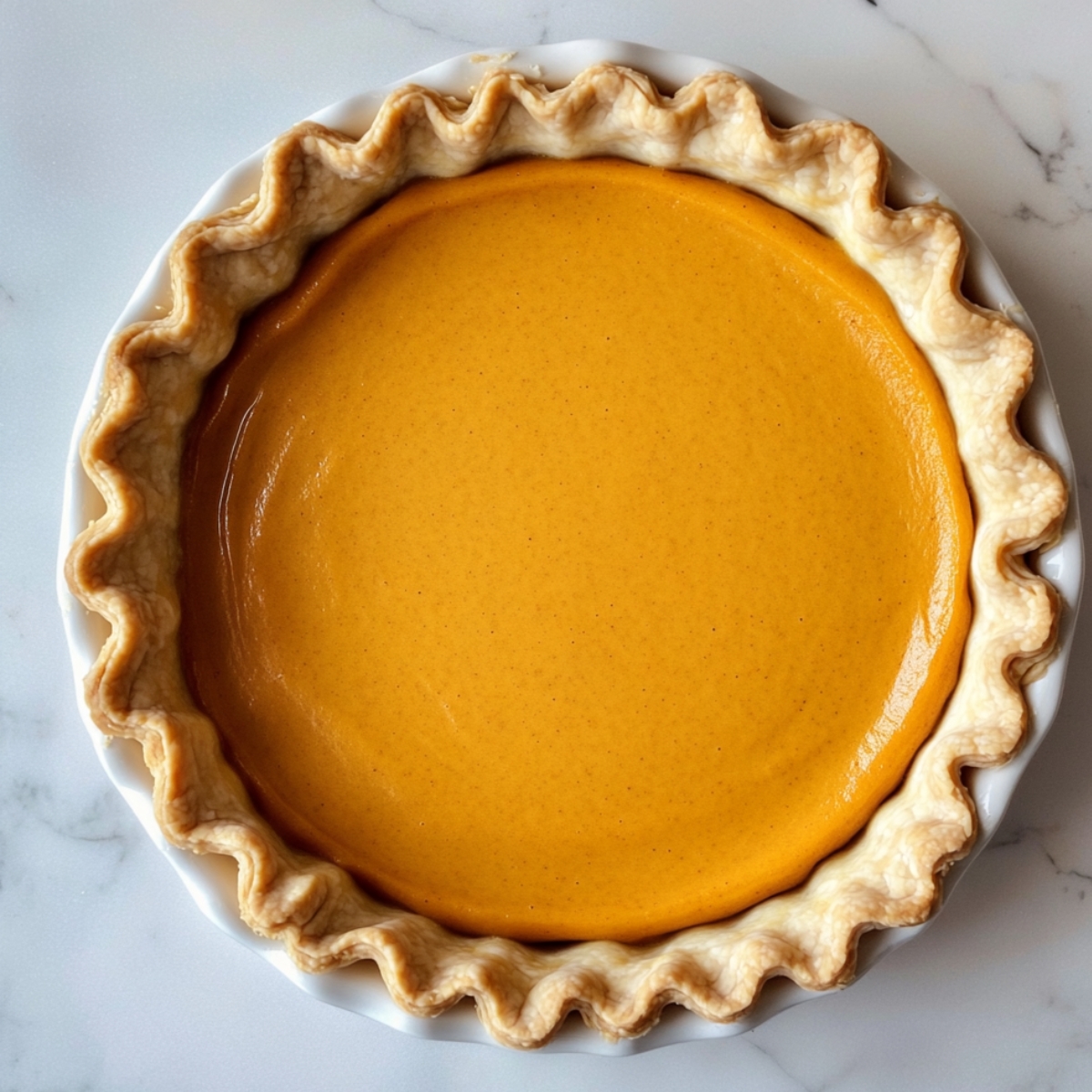 Unbaked pumpkin pie in a white ceramic dish with a fluted golden crust and smooth orange filling, ready for the oven on a marble countertop.