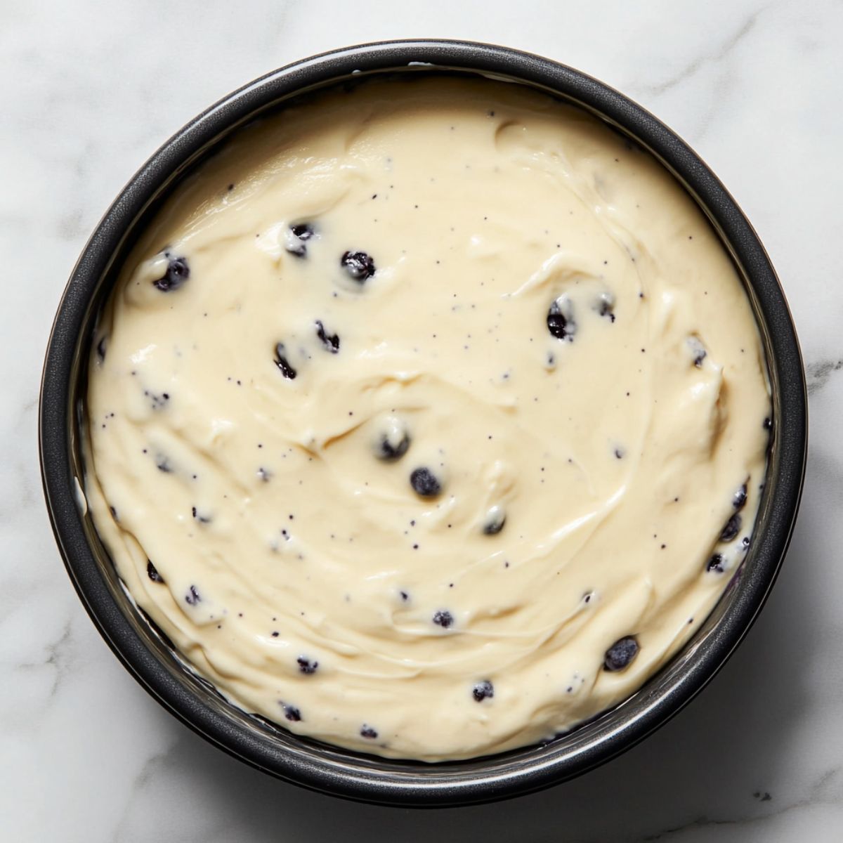 Unbaked blueberry cheesecake filling with whole berries in a springform pan on a marble countertop.