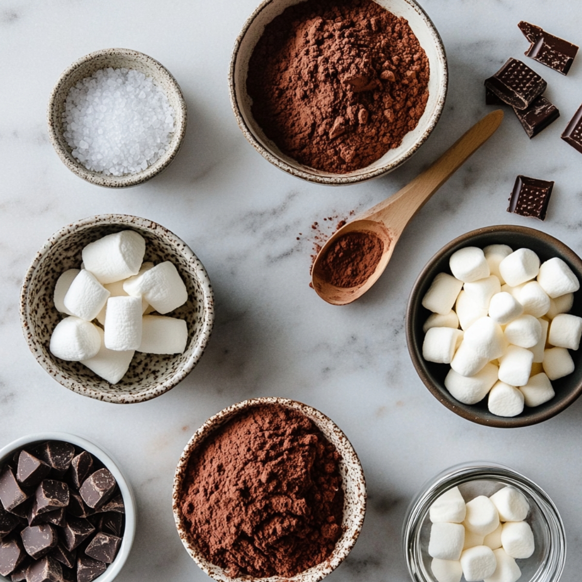 Bowls of cocoa powder, chocolate chunks, sea salt, and mini marshmallows arranged on a marble countertop—ingredients for homemade red velvet cookie dough mix-ins.