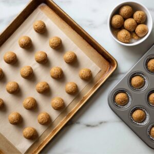 Unbaked peanut butter cookie dough balls arranged on a parchment-lined baking sheet, with more dough in a bowl and some placed in a lined mini muffin tin, ready for baking.