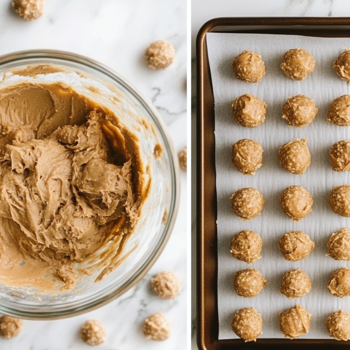Side-by-side image showing homemade peanut butter ball dough in a glass bowl on the left and evenly rolled peanut butter balls on a parchment-lined baking sheet on the right, ready to chill.