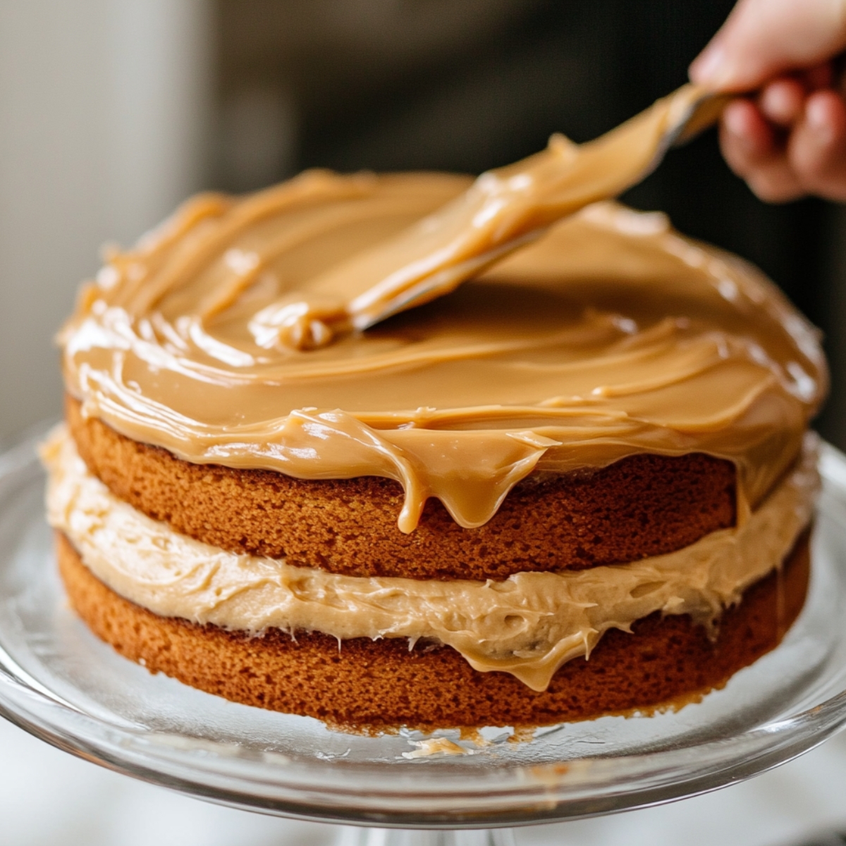 Place your next cake layer on top and cover the top and sides with more caramel frosting. Once the caramel starts to set up, you will notice it become shiny. You can run an offset spatula or knife gently on top of the shiny caramel and this will make everything super smooth! Decorate as you wish and enjoy!