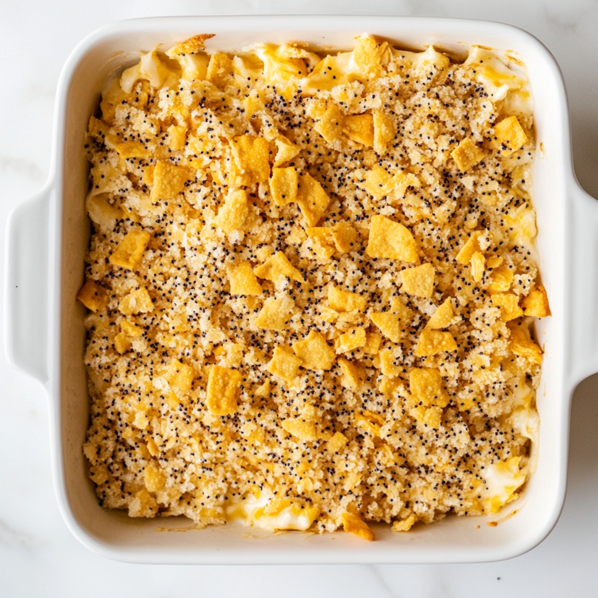 Top-down view of an unbaked poppy seed chicken casserole in a white square baking dish. The creamy chicken mixture is topped evenly with a golden, crushed cracker and poppy seed topping, ready to go into the oven. The dish rests on a clean white marble surface.