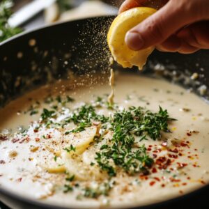 A hand squeezing fresh lemon juice into a skillet of creamy lobster ravioli sauce, topped with chopped herbs, red pepper flakes, cracked black pepper, and lemon slices in a warm home kitchen.