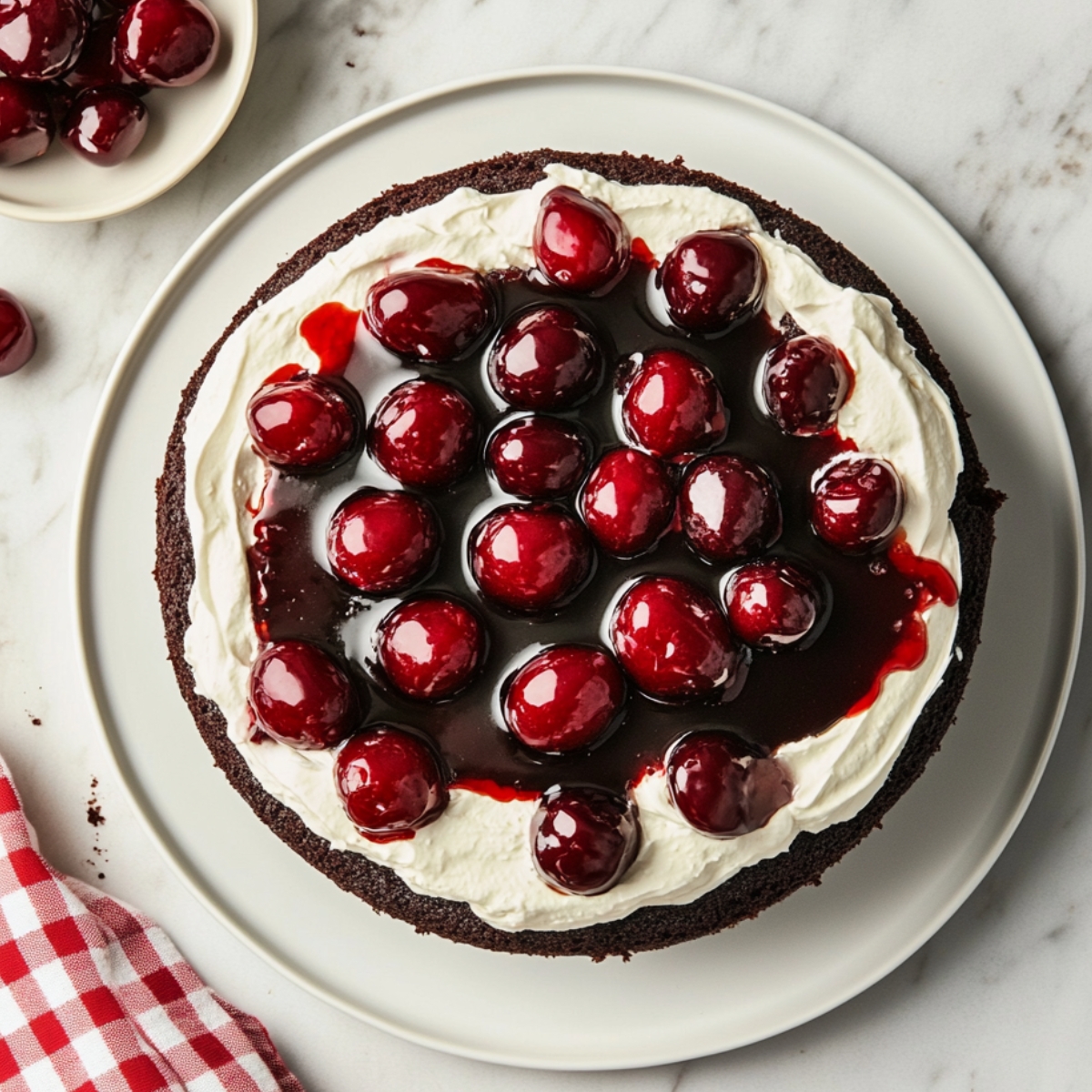 Chocolate cake layer topped with whipped cream and glossy cherries in syrup, on a white plate with a red-checkered towel and extra cherries nearby.