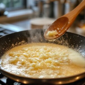 Sautéed chopped shallots cooking in melted butter and cream in a skillet, with steam rising and a wooden spoon lifting the mixture in a cozy home kitchen setting.