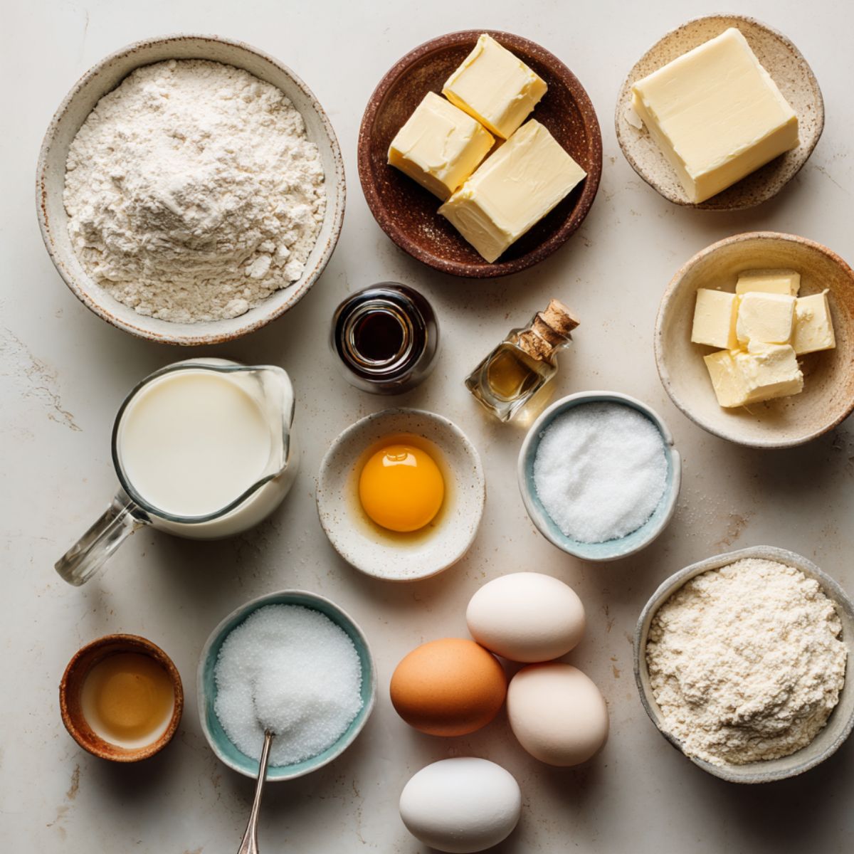 Homemade baking ingredients for a strawberry tart arranged on a kitchen counter: flour, cubed butter, sugar, eggs, milk, vanilla extract, powdered sugar, cornstarch, and a raw egg yolk in small ceramic bowls, all lit with soft natural light.