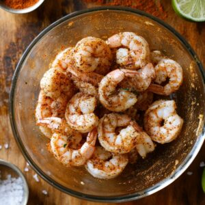 Raw shrimp in a glass bowl tossed with chili powder, paprika, black pepper, and other spices, sitting on a rustic wooden surface with lime and coarse salt nearby—perfectly prepped for shrimp tacos.