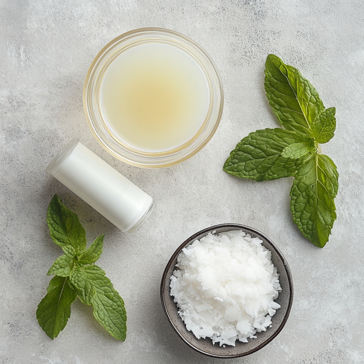Fresh mint leaves, coconut flakes, coconut milk, and a bowl of light corn syrup on a neutral stone surface for homemade watermelon sorbet.