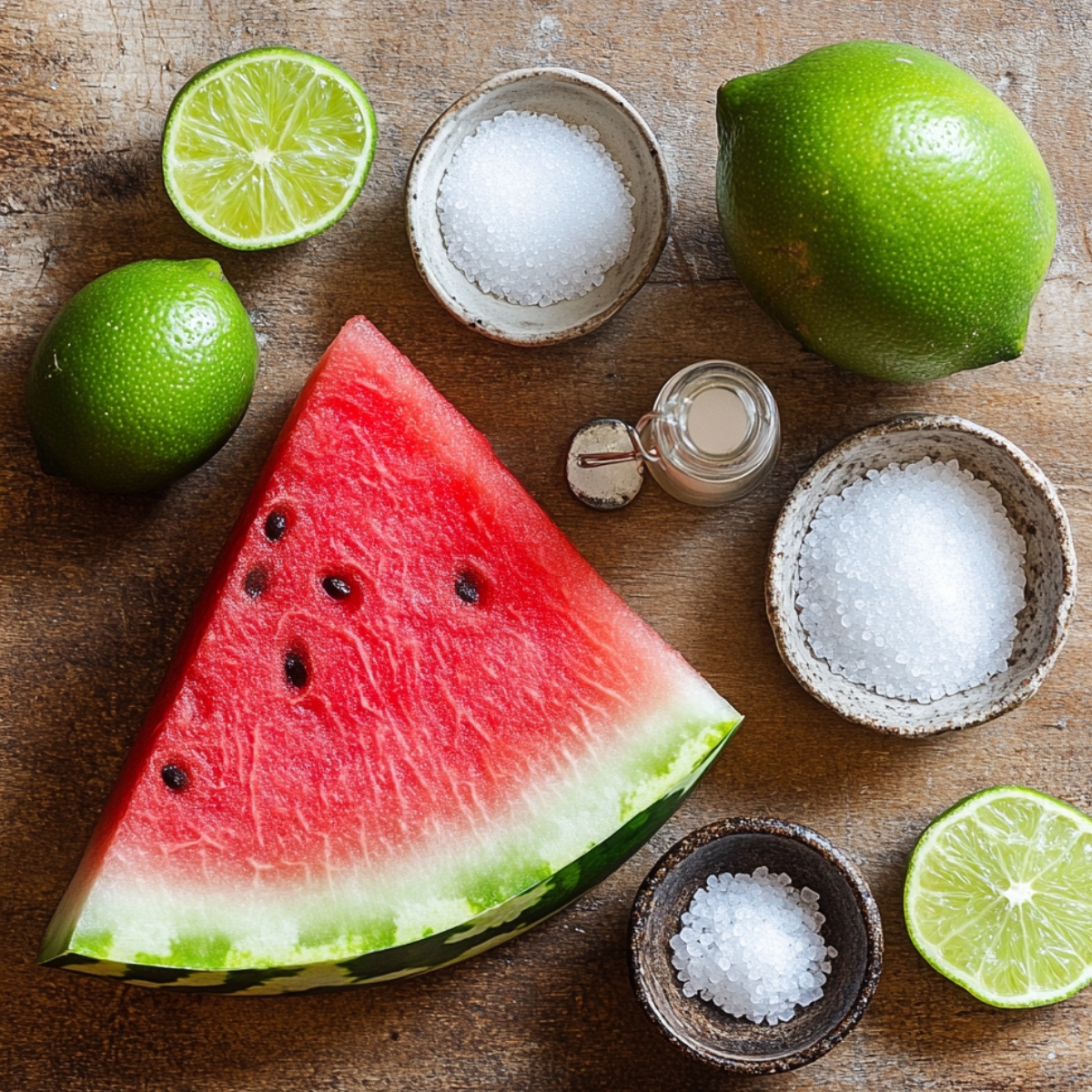 Fresh watermelon slice, limes, sugar, salt, and vanilla extract arranged on a rustic wooden surface for homemade sorbet.