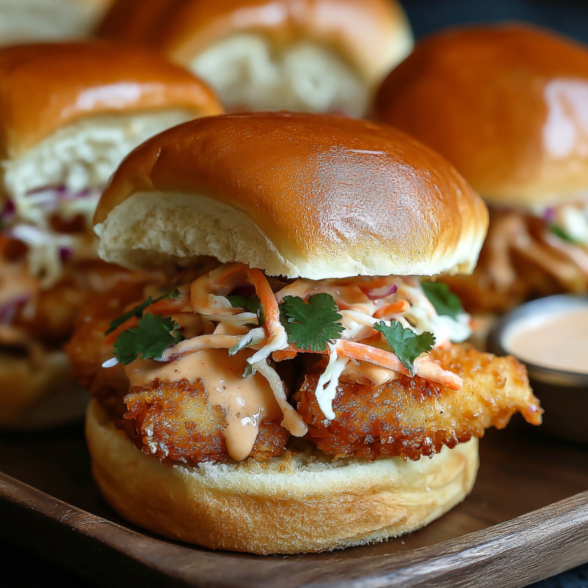 Bang Bang Chicken Sliders with a golden toasted bun, crispy fried chicken fillet, fresh slaw with carrots and cabbage, cilantro garnish, and creamy orange bang bang sauce, served on a wooden tray.