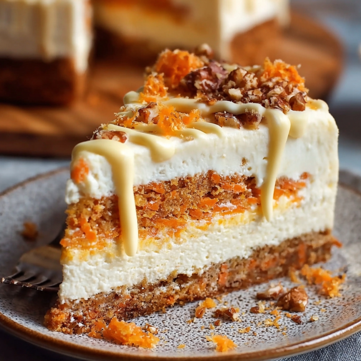 A homemade slice of carrot cake cheesecake with creamy layers, caramel drizzle, and walnuts.