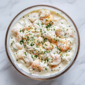 Glass bowl of creamy seafood mixture with shrimp in alfredo sauce, topped with fresh parsley, on a white marble counter.