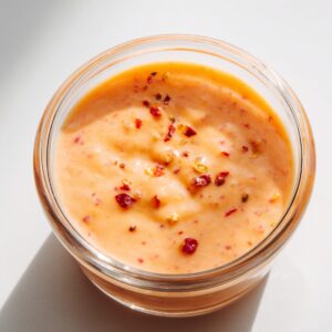 Homemade Bang Bang sauce in a small clear glass bowl, creamy orange in color with visible red chili flakes sprinkled on top, sitting on a bright white surface in natural light.