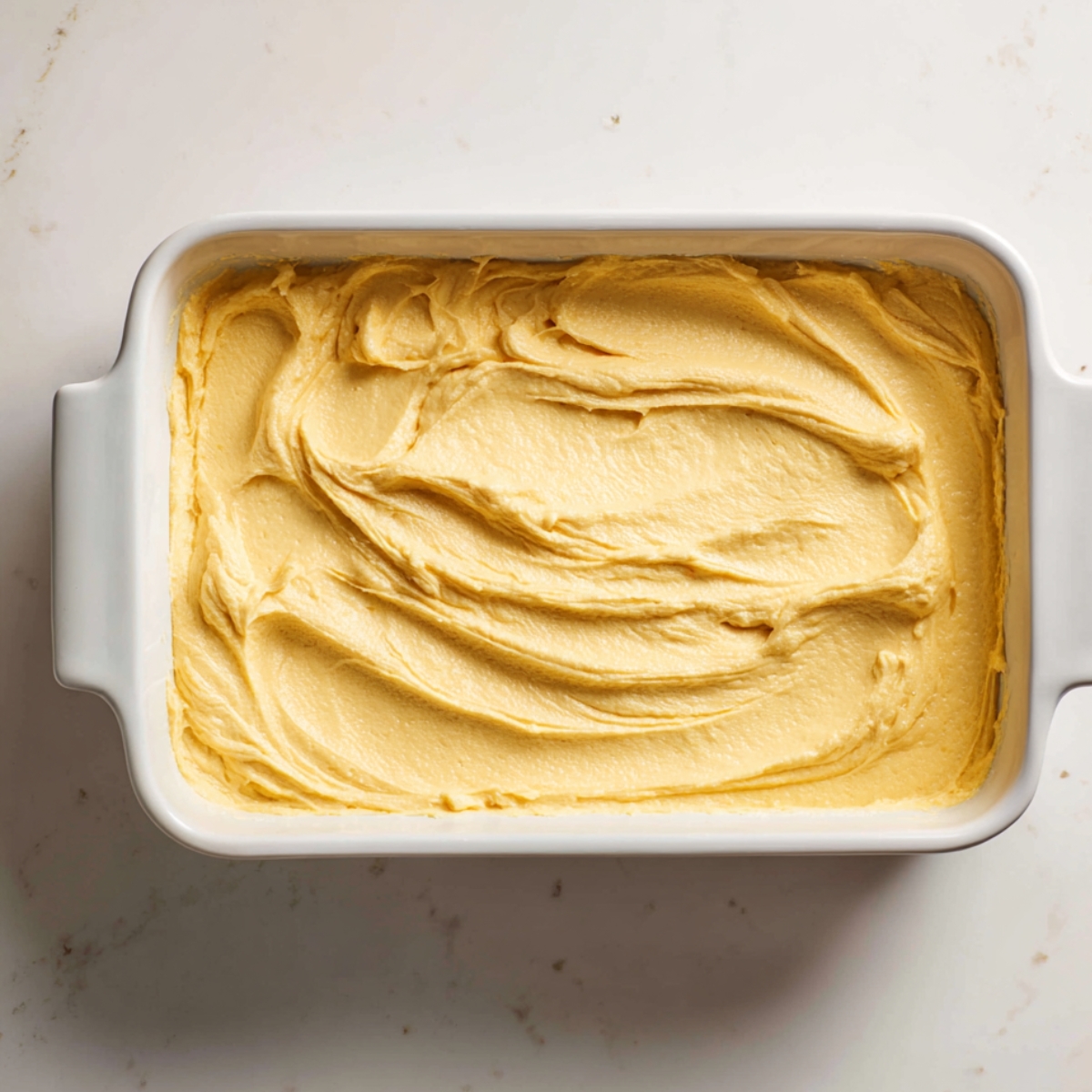 White ceramic baking dish filled with smooth, golden-yellow cake batter spread evenly, ready for baking.