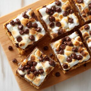 Homemade s'mores bars cut into squares on a wooden board, with gooey melted chocolate chips and toasted mini marshmallows on a golden graham cracker crust. A few chocolate chips and crumbs are scattered around for a rustic, homemade feel.