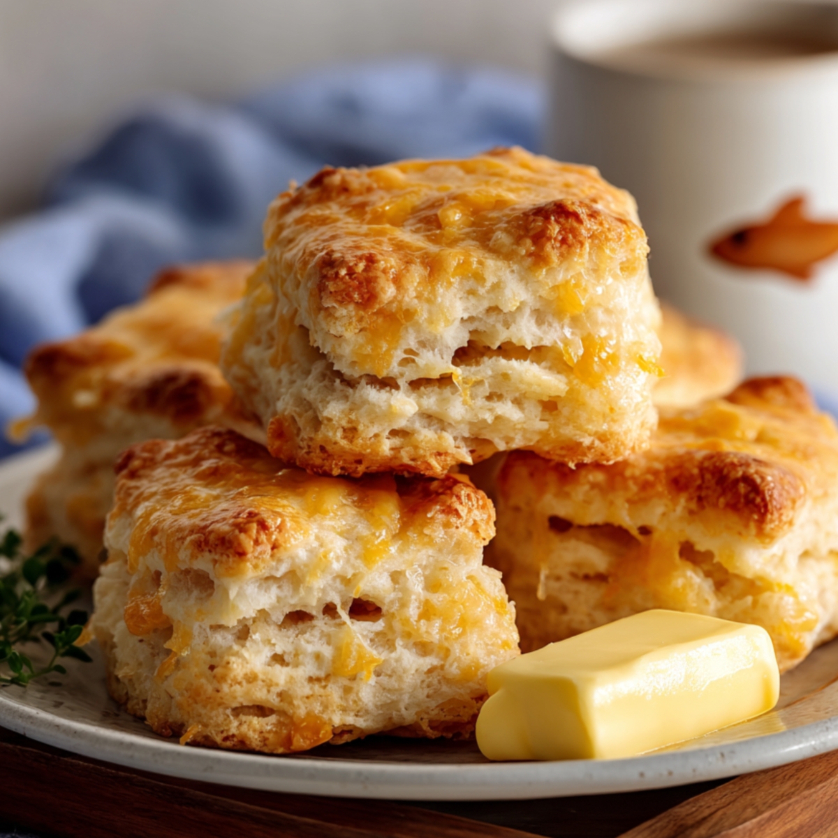 Easy Butter Swim Biscuits on a ceramic plate, topped with melting butter, with cheese peeking through the layers and a cup of tea in the background.