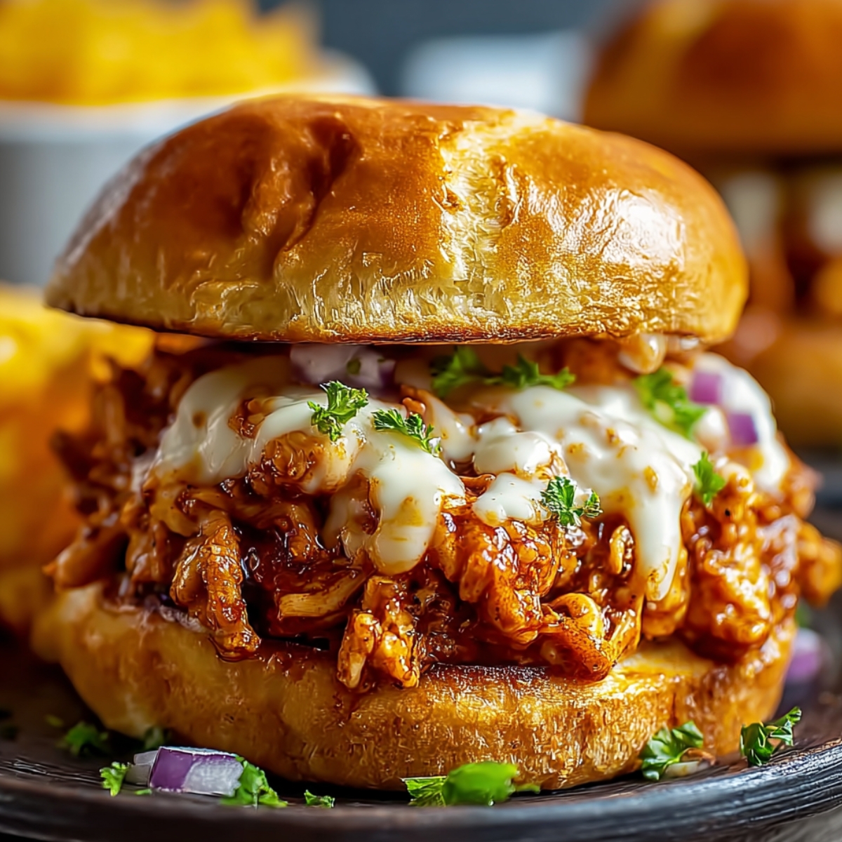 Homemade Cajun Chicken Sloppy Joe on a glossy brioche bun with saucy shredded chicken, melted cheese, parsley, and red onion, served on a dark plate with fries and another sandwich in the background.