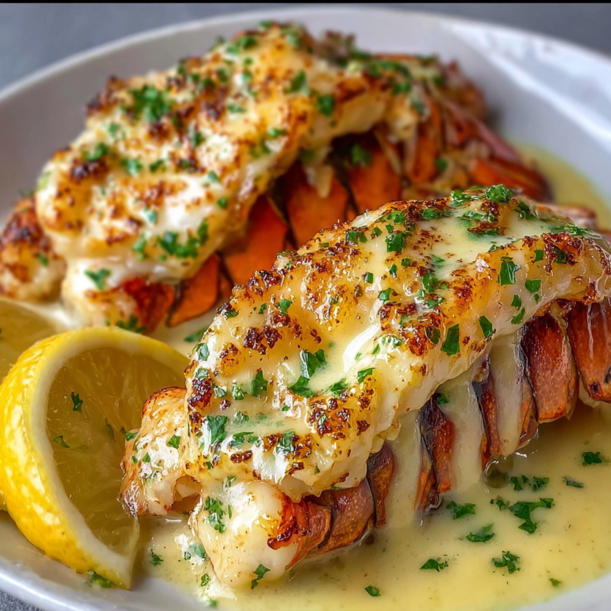 Garlic butter lobster tails with golden meat, parsley, and lemon wedges in a white dish.