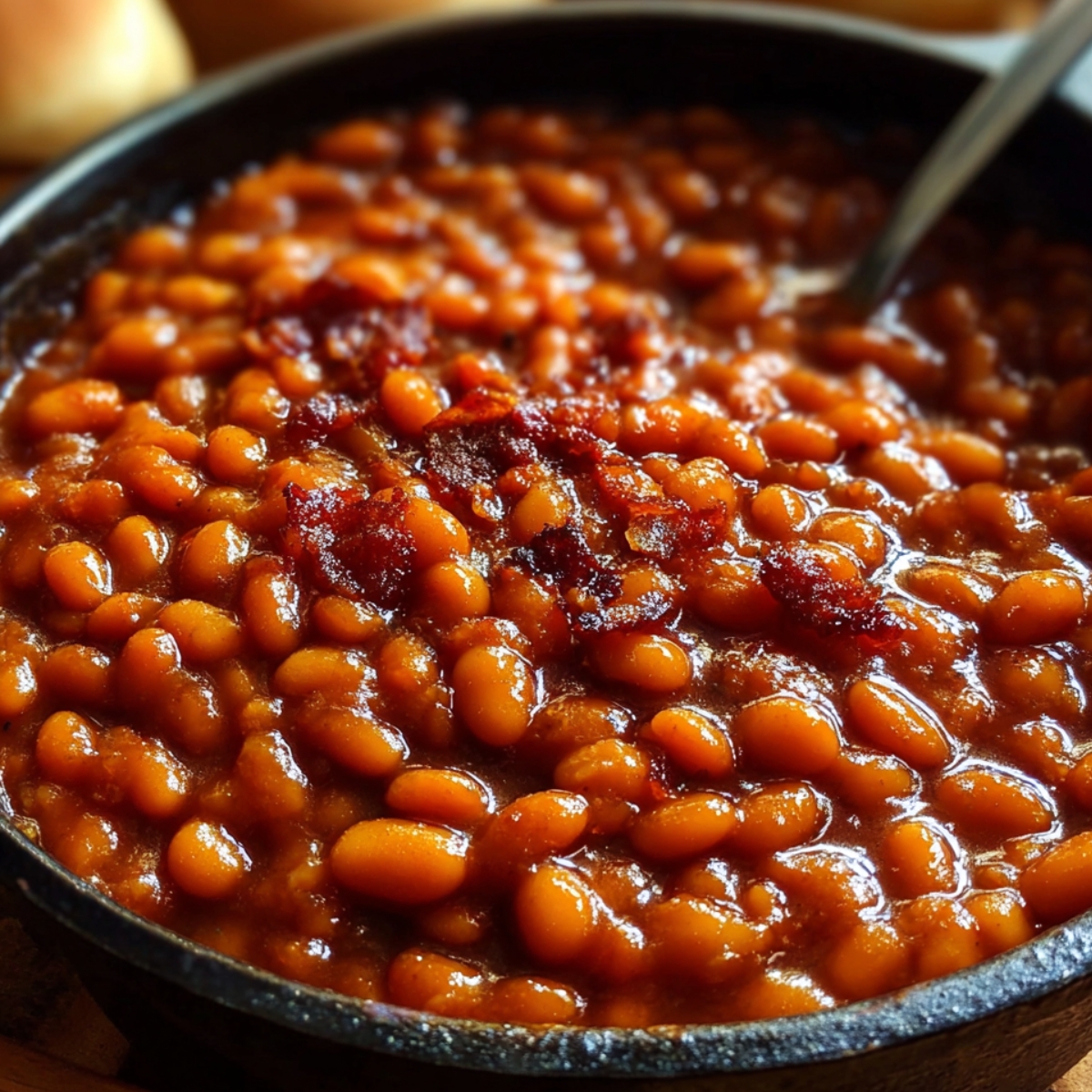 Golden, homemade baked beans in a round cast-iron Dutch oven, topped with crispy bacon and garnished with fresh thyme, showing a caramelized surface from slow oven baking.