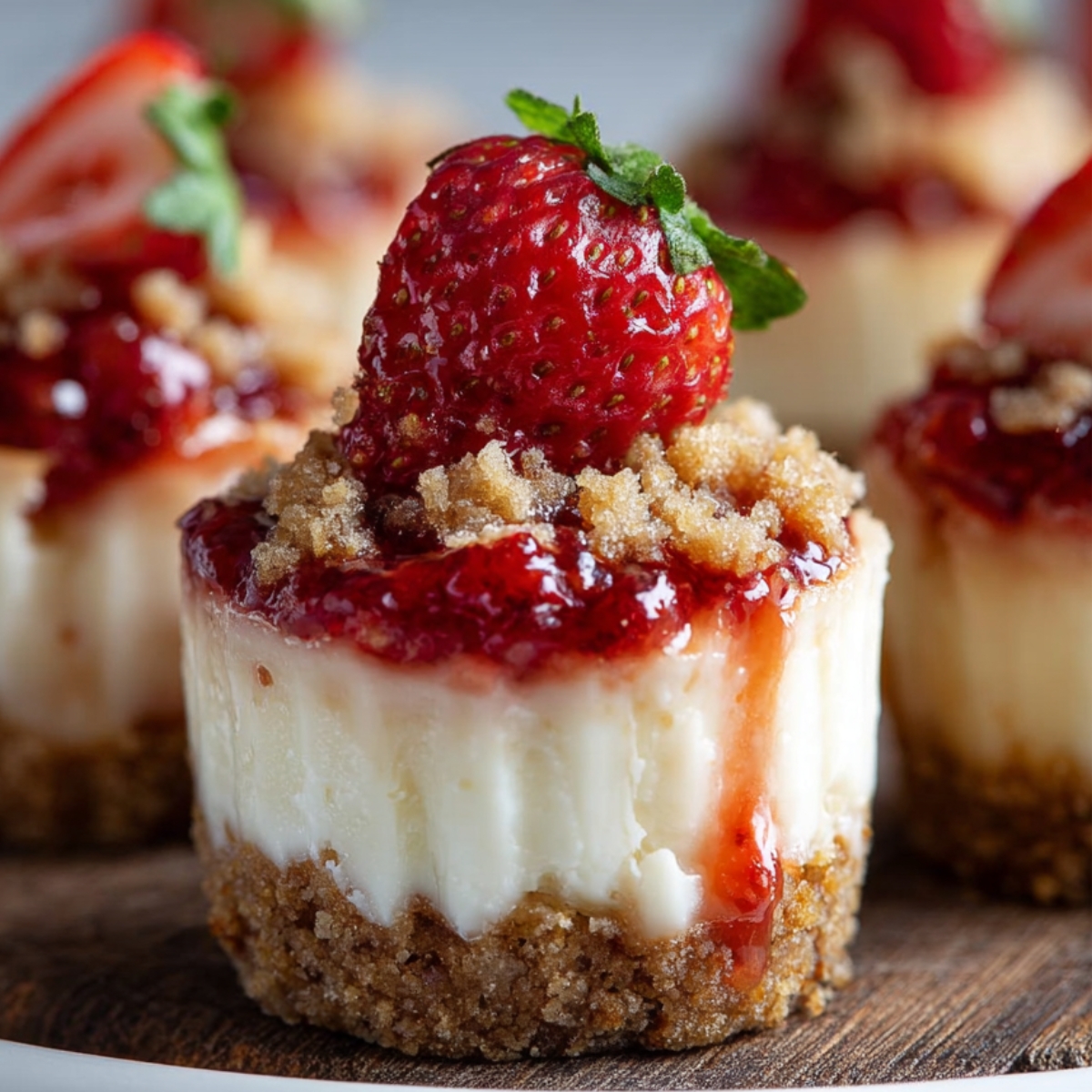 Easy Strawberry Cheesecake Bites Recipe with graham cracker crust, creamy filling, strawberry sauce, crumbs, and a fresh strawberry on top.