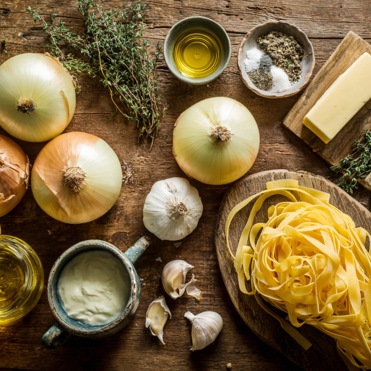 Overhead view of French Onion Pasta ingredients on a rustic wooden table: onions, garlic, thyme, butter, olive oil, cream, salt, pepper, and uncooked pappardelle pasta.