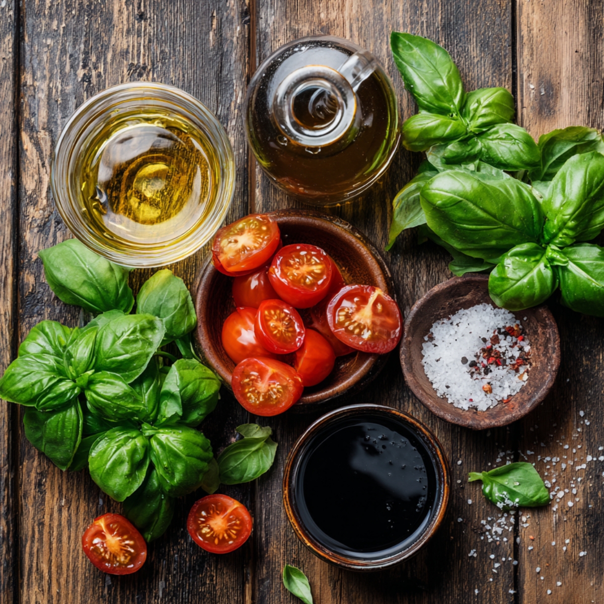 Fresh basil, cherry tomatoes, olive oil, balsamic glaze, and flaky sea salt arranged on a rustic wooden table.