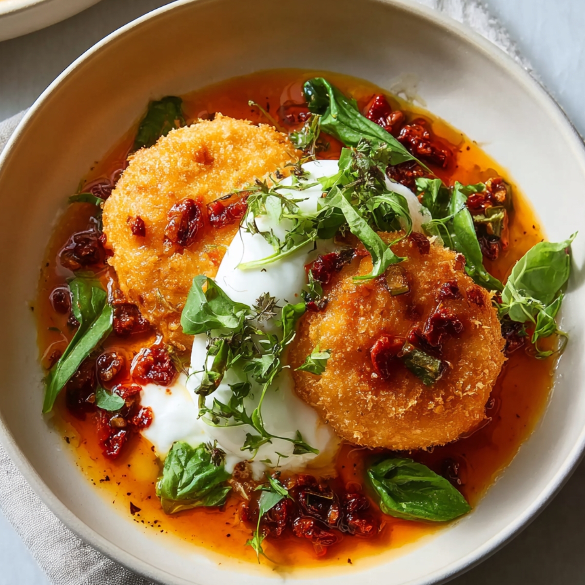 Fried burrata with molten cheese on tomato sauce, topped with basil, roasted cherry tomatoes, and served with toasted bread.
