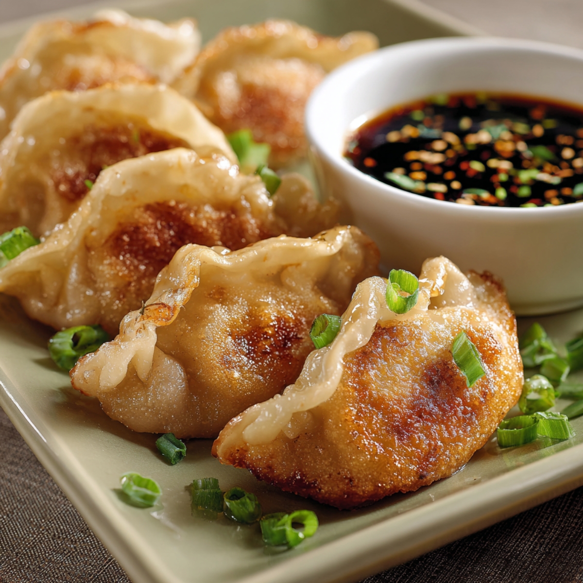 Homemade fried dumplings with crispy golden bottoms and pleated tops, garnished with green onions, served with soy dipping sauce in a white bowl.