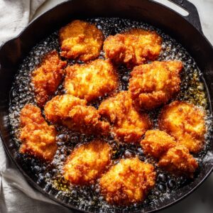 Crispy golden brown chicken pieces frying in bubbling oil inside a cast iron skillet, giving a homemade rustic look.