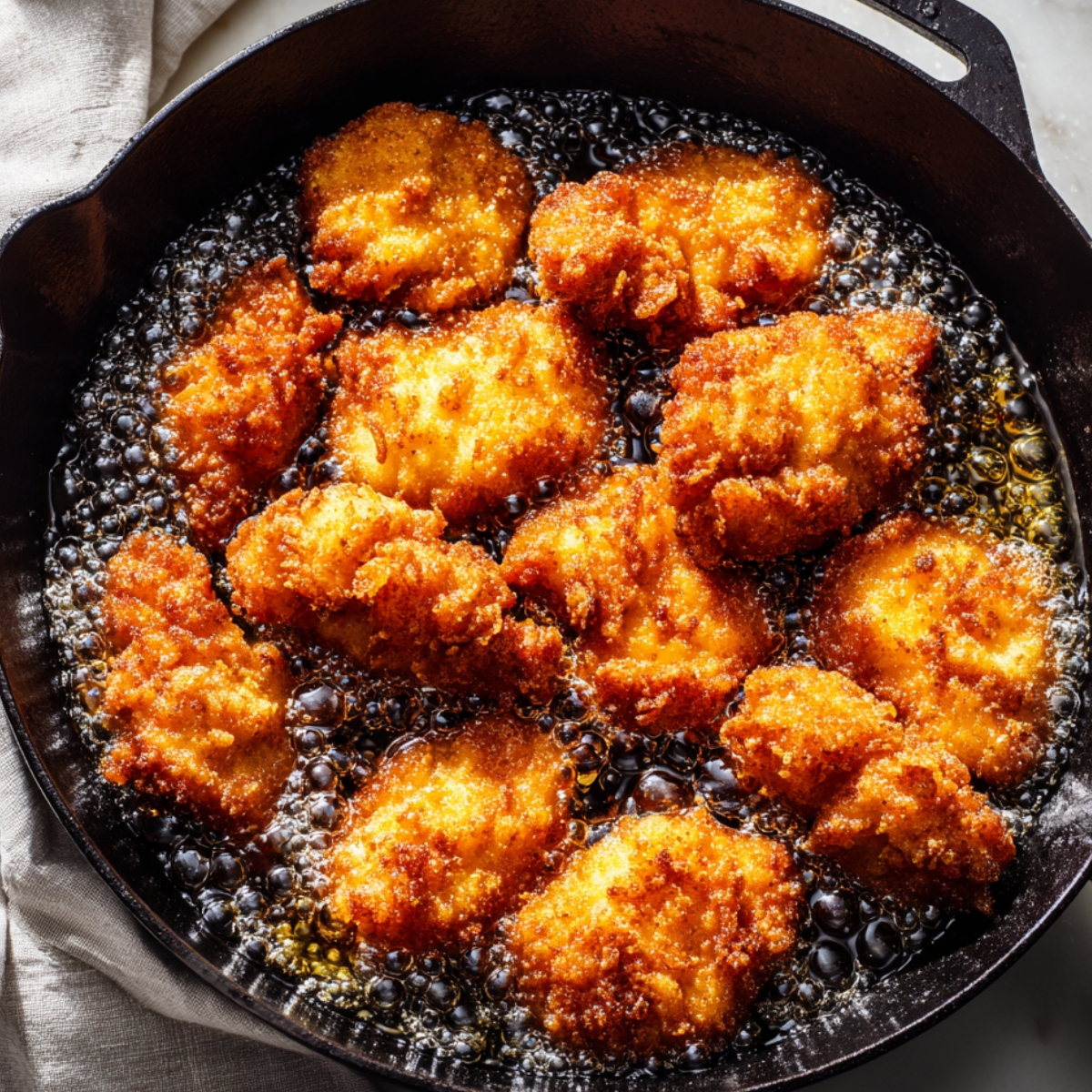 Crispy golden brown chicken pieces frying in bubbling oil inside a cast iron skillet, giving a homemade rustic look.