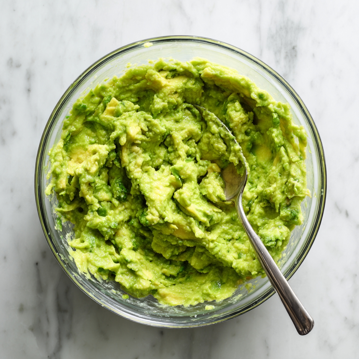 Glass bowl of freshly mashed, chunky avocado with a spoon, on a light gray marble countertop, in natural daylight.