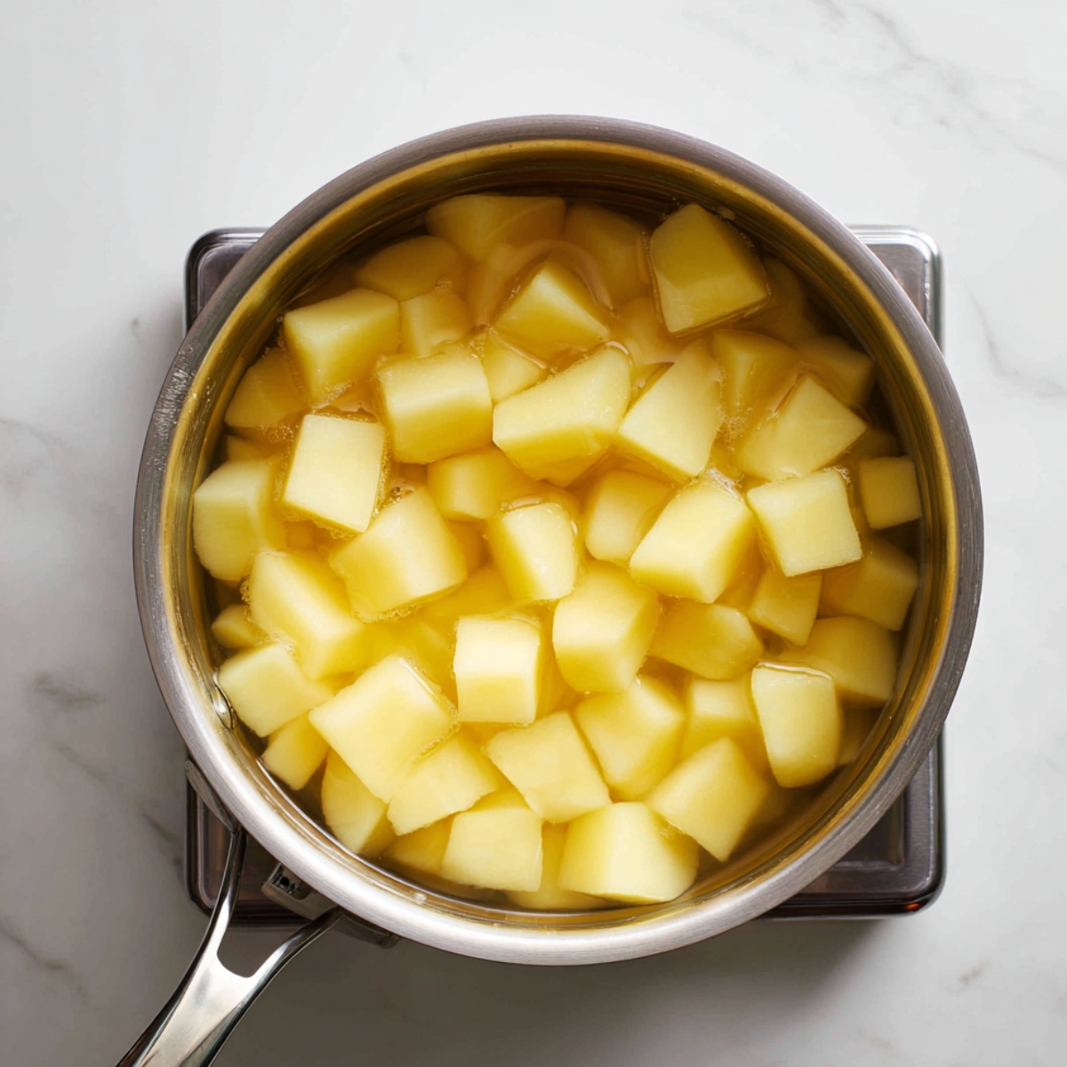 A saucepan with diced Yukon Gold potatoes simmering in water on a stovetop.
