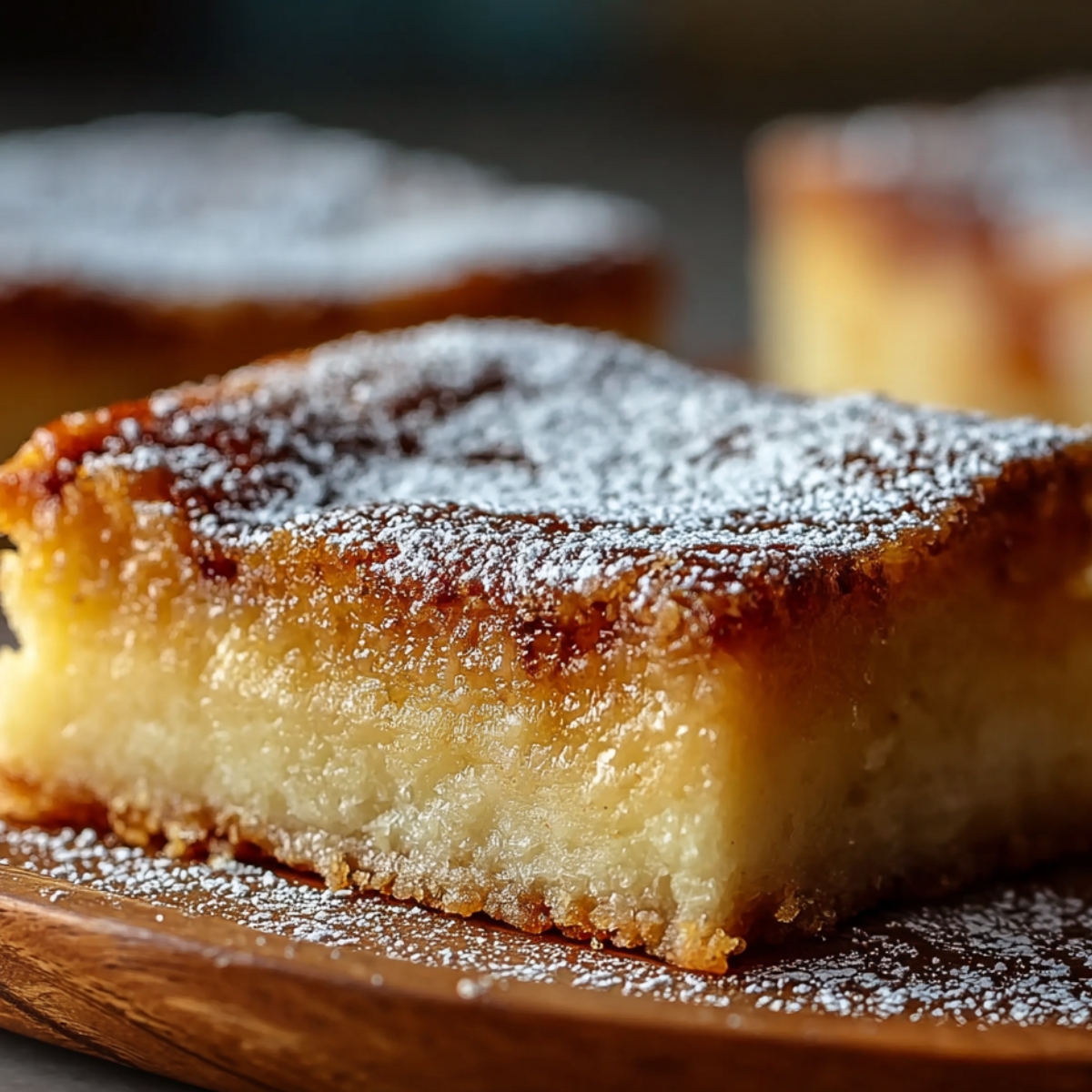 Golden-brown homemade gooey butter cake square with a soft, dense center and powdered sugar dusting on top, served on a wooden board.