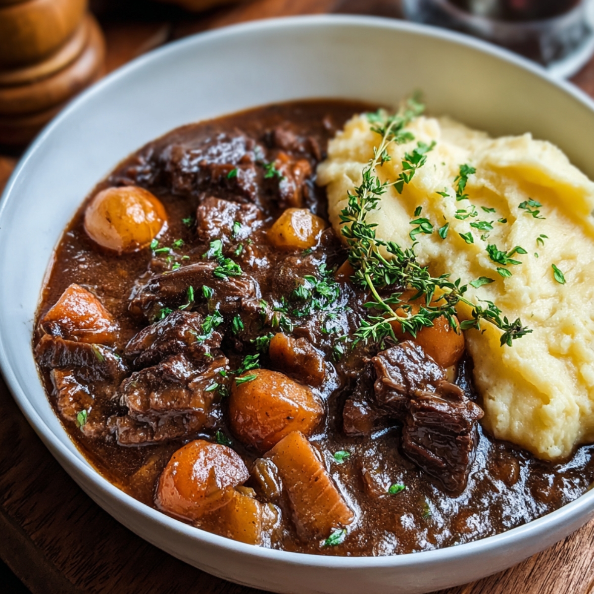 Homemade Beef Bourguignon Slow Cooker with tender beef, carrots, and mushrooms in rich wine sauce, served with mashed potatoes and parsley.