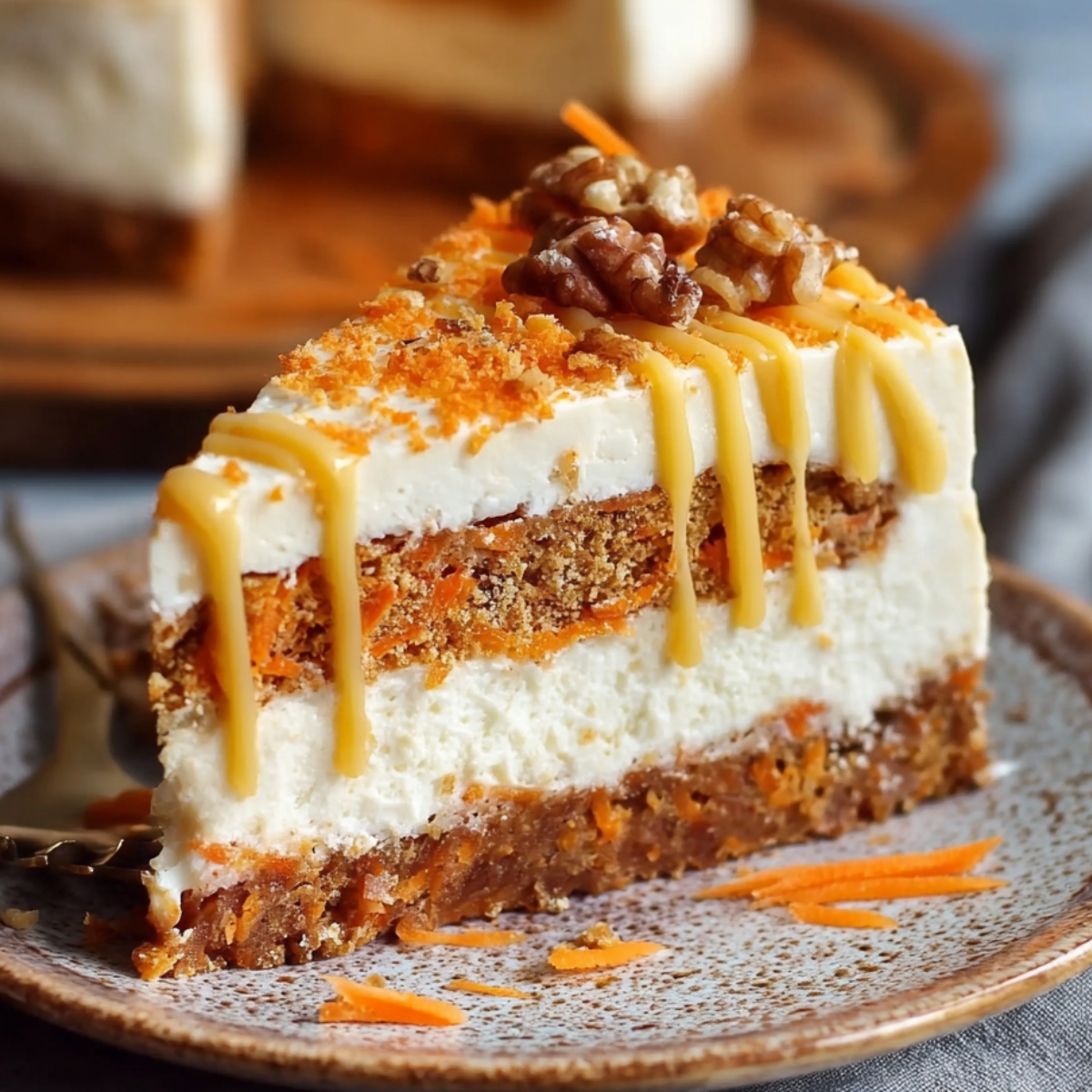 Homemade Carrot Cake Cheesecake with creamy layers, carrot flecks, caramel drizzle, and walnut topping on a rustic plate.