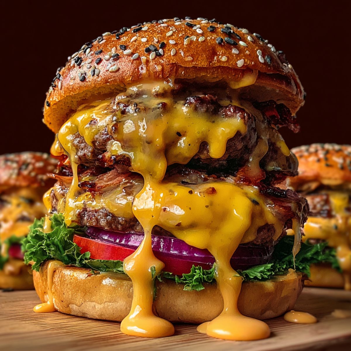 Close-up of a juicy Crack Burgers with double beef patties, crispy bacon, melted cheese dripping down, lettuce, red onion, and a seeded brioche bun on a wooden board.