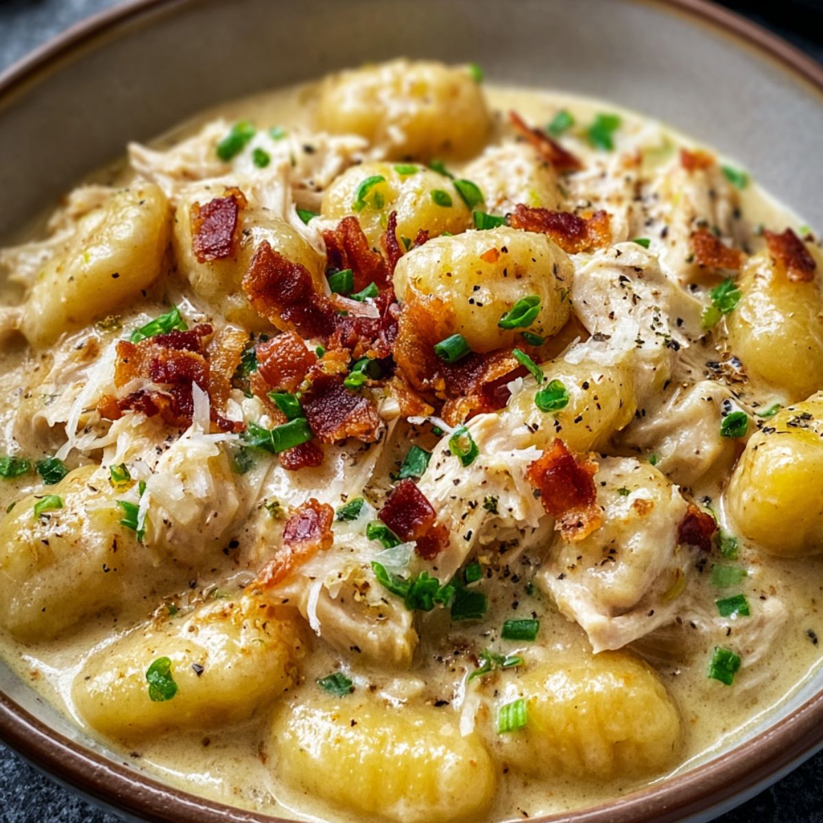Homemade Creamy Crack Chicken Gnocchi with shredded chicken, golden gnocchi, crispy bacon, spinach, and parsley in a rich cream sauce.