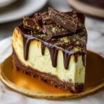 Homemade Dubai chocolate cheesecake slice with chocolate crust, creamy filling, glossy ganache drip, chocolate chunks, and pistachio dust on a gold plate.