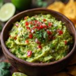 Homemade Guacamole Recipe topped with diced tomatoes, onion, cilantro, and chili flakes, surrounded by tortilla chips and lime, in warm natural light.