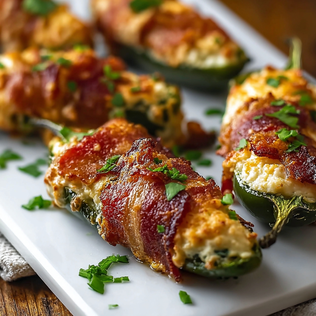 Homemade Jalapeño Poppers wrapped in crispy bacon and topped with parsley on a white platter.