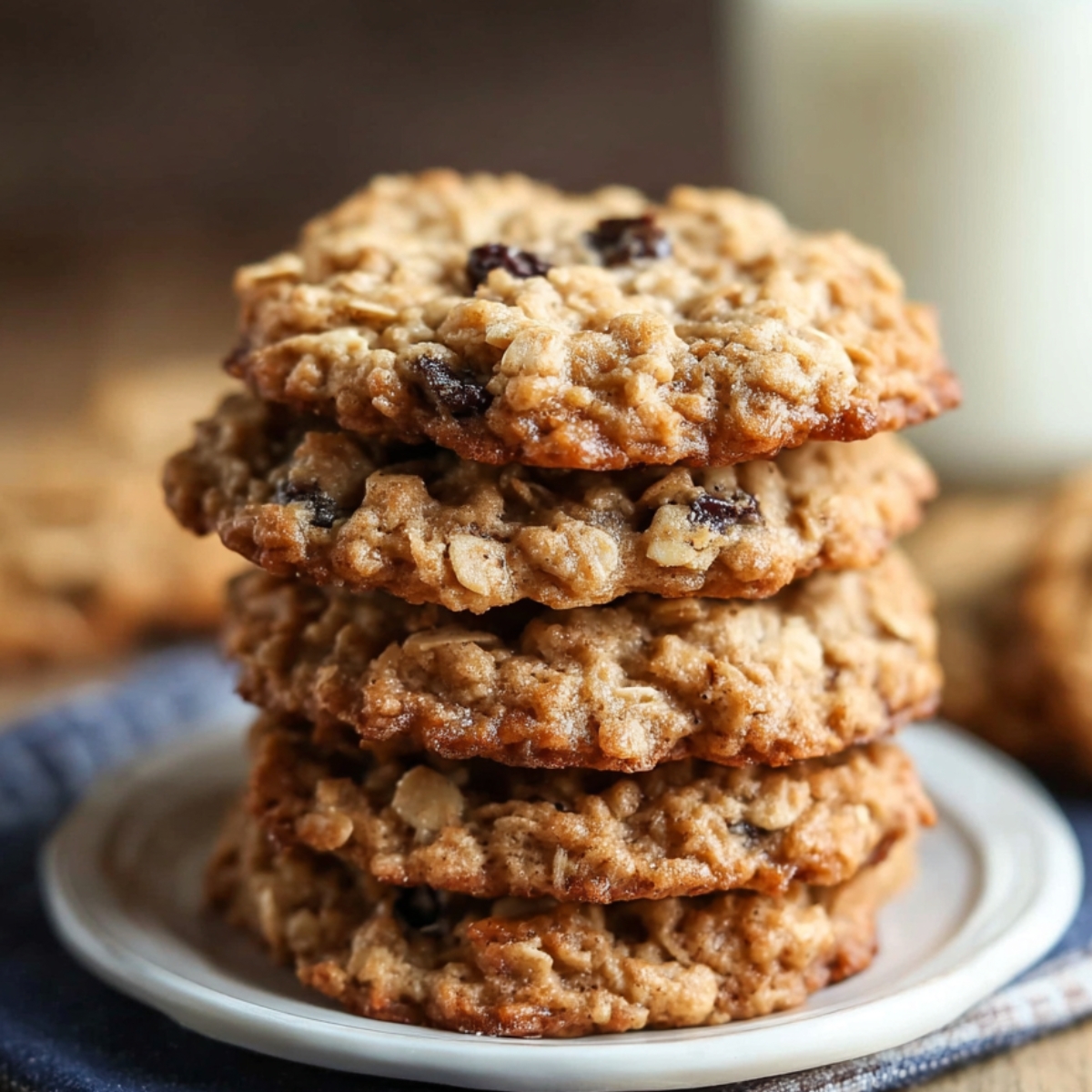 Homemade Quaker Oatmeal Cookie Recipe on a white plate, golden-brown with oats and raisins, crisp edges, soft centers, cozy kitchen feel.
