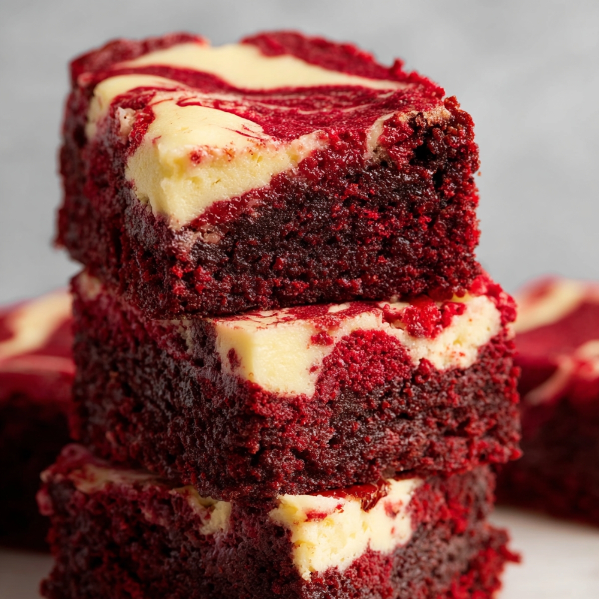 Homemade Red Velvet Brownies with creamy marbled swirl, moist texture, and rustic edges on a light surface.