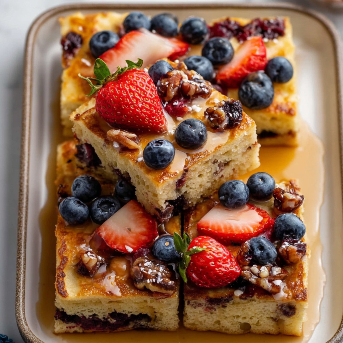 Stacked squares of fluffy sheet pan pancakes topped with blueberries, sliced strawberries, chopped pecans, and maple syrup on a beige serving tray with a marble background.