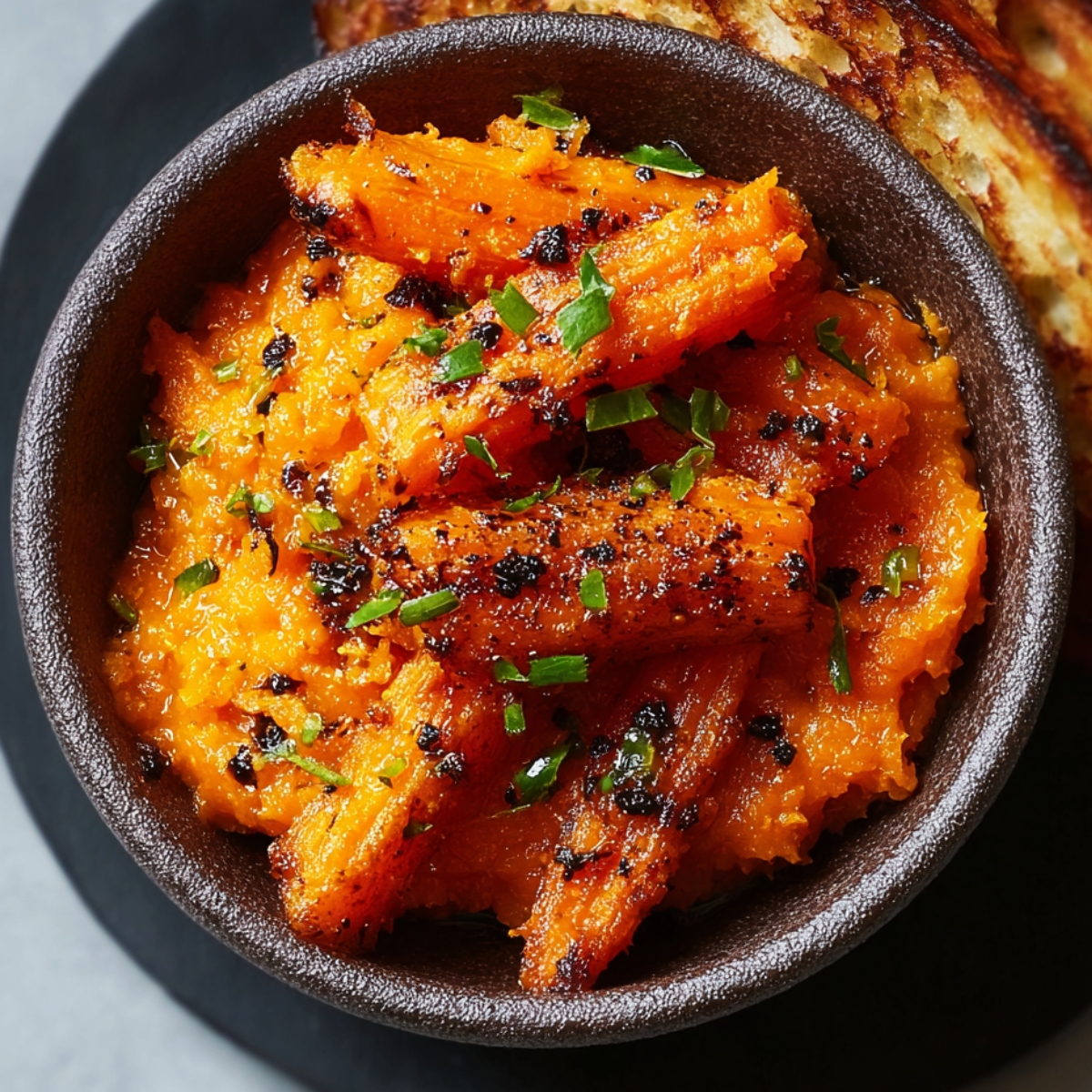 Homemade Smashed Carrotswde on a rustic plate, golden orange with crispy edges, sprinkled with sea salt and fresh herbs, glistening with olive oil in warm natural light.