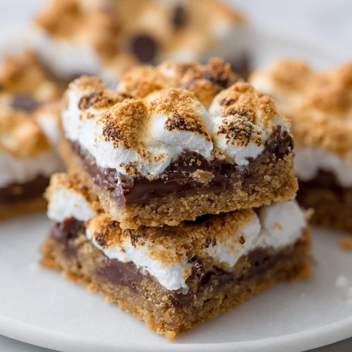 Homemade s’mores bars on a white plate, showing layers of golden graham cracker crust, melted chocolate, and toasted marshmallows with lightly charred tops. Blurred bars in the background complete the cozy, homemade dessert look.