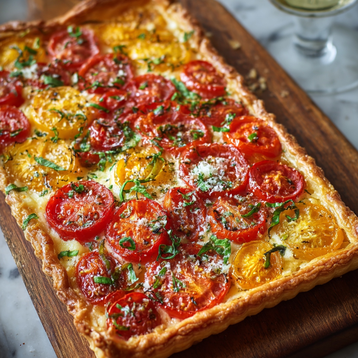 Homemade tomato tart with red and yellow tomatoes, herbs, and cheese on golden puff pastry.