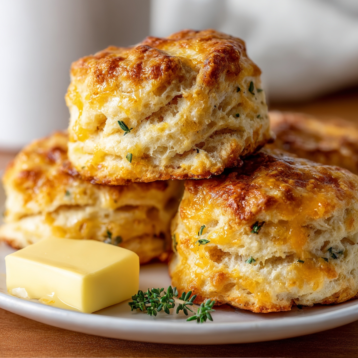 Homemade butter swim biscuits stacked on a plate with melted cheese, a pat of butter on the side, and a mug with an orange fish design in the background.